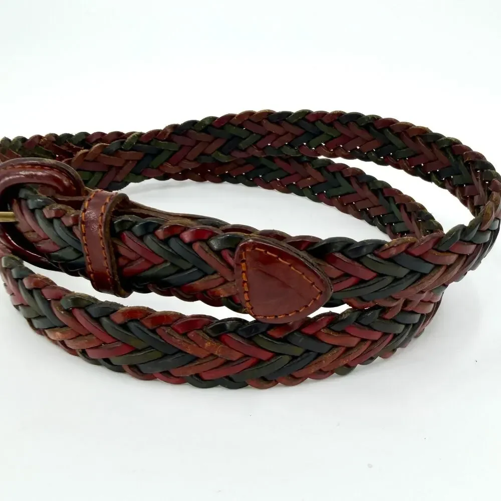 Vintage 90s Braided Red Black Green Genuine Italian Leather Belt